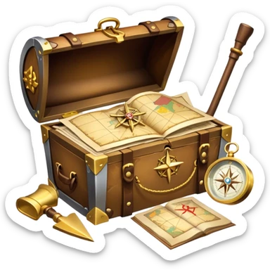 An icon featuring a treasure chest overflowing with gold, a treasure map with a compass rose, a backpack, and a shovel. The map guides the way, symbolizing the adventure of treasure hunting. Set against a transparent background, the design evokes excitement and exploration. sticker