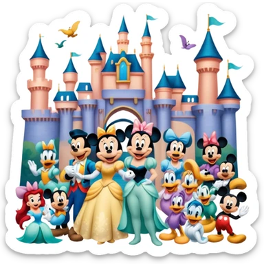 A vibrant collage featuring iconic characters like one Goofy, one Mickey Mouse, one Ariel, one Jasmine and one Franco. Each character should be large and bright, set against a cheerful and playful background with Disneyland. Transparent background. sticker