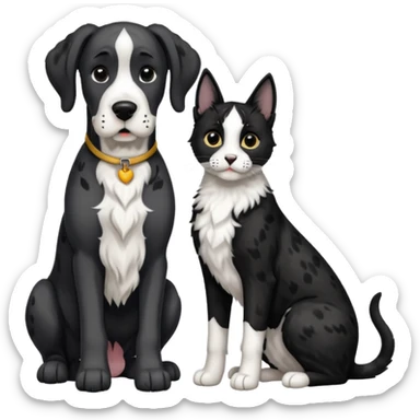 Large Black and white great dane dog sitting with a small black and white cat sticker