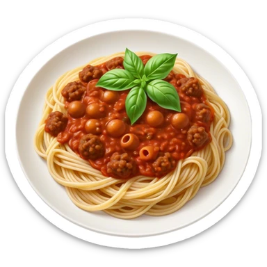 Spaghetti Bolognese on a plate, already mixed together, nice basil on top sticker