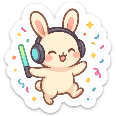 cute rave bunny wearing headphones, holding a glow wand, surrounded by confetti, festive mood sticker
