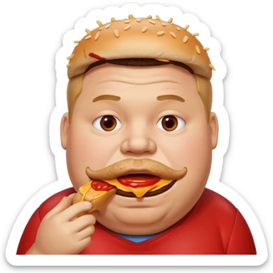 A fat guy eating a burger with ketchup all over his mouth sticker