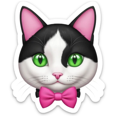 A black and white cat tuxedo breed head with green eyes she has a hot pink bow on her head  sticker