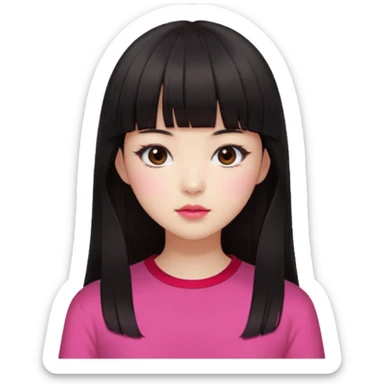 Korean girl, red top, black brown hair, brown eyes, long hair, cool girl, aesthetic, long hair, hime cut, blunt bangs, pink lips, pink cheek sticker