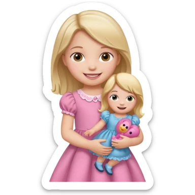 Toddler girl – holding a doll with a smile. sticker