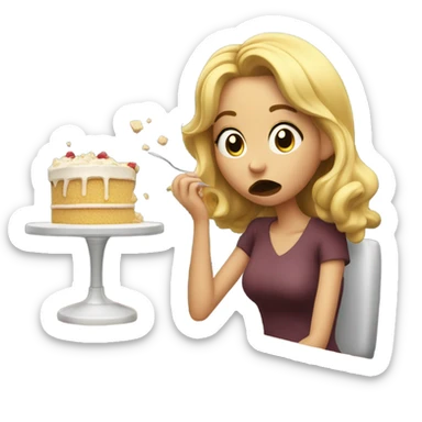 Blonde girl shoving cake into her mouth while working sticker