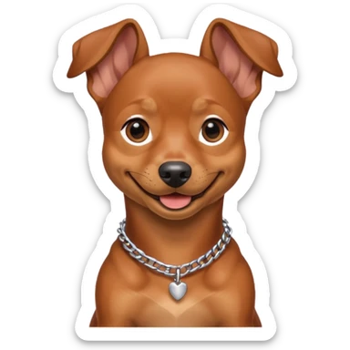 a pinscher dog sitting and smiling with a silver chain in the neck sticker