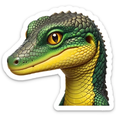 cinematic-realistic-cute-monitor-lizard-portrait-emoji,-head-tilted-playfully-and-inquisitively,-featuring-a-compact,-agile-body-with-finely-detailed,-glossy-scales-in-earthy-black and yellow-hues-and-a-distinct,-alert-face-with-bright,-curious-eyes, black , yellow spotted and green band  scales and a big long neck sticker