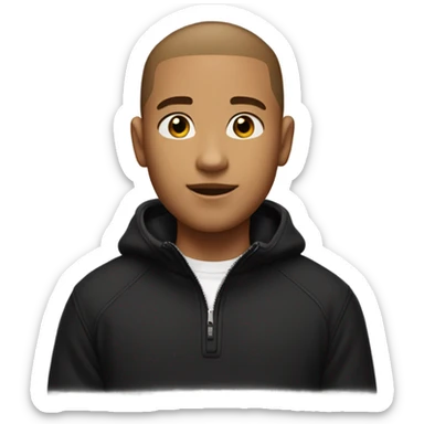 boy with light tanned skin, buzz cut, no facial hair, wearing a smart black quarter zip jumper with white t shirt underneath. sticker