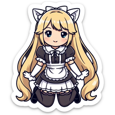 petite blonde catgirl woman long hair freckles shy lace white French maid thigh highs sticker