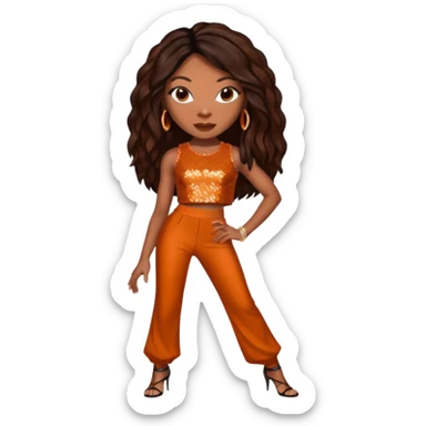 Brandy Norwood with dark brown long hair, burnt orange sequin crop top and pants sticker