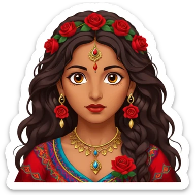 A beautiful Romani woman with deep, expressive eyes and long, wavy dark hair. She wears a vibrant, traditional outfit with intricate patterns and golden jewelry. A red rose is tucked behind her ear, adding a touch of elegance. Her expression is confident and mysterious, as she stands under the warm glow of lanterns, evoking a sense of freedom and passion sticker
