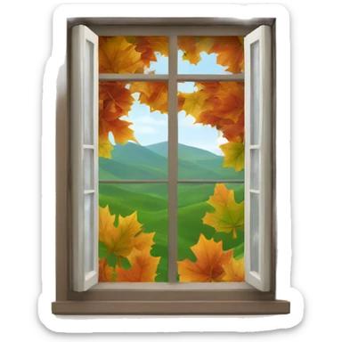 window that has fall leaves outside and green hills in the background  sticker