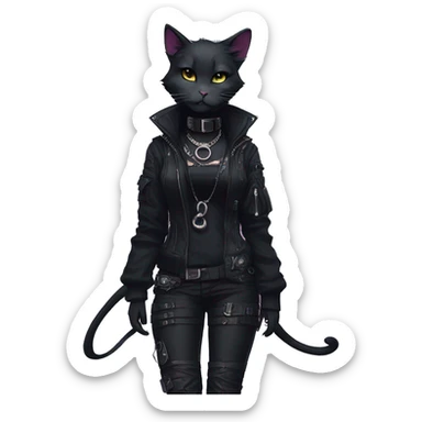 Gorgeous gothic dark techwear cyberpunk anime style sona anthro cat, aesthetic, and pretty edgy black with collar and harness, trending style sticker