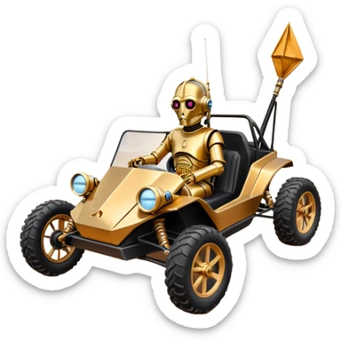American southWest tarnished neon underglow C-3PO ghost hunter 1964 delicately ornate rosegold wood accents painted dune buggy buckboard powered by electric motors and batteries with racing safety belts while flying rapidly roughening terrain stable on strong agile advanced suspension and steering sticker