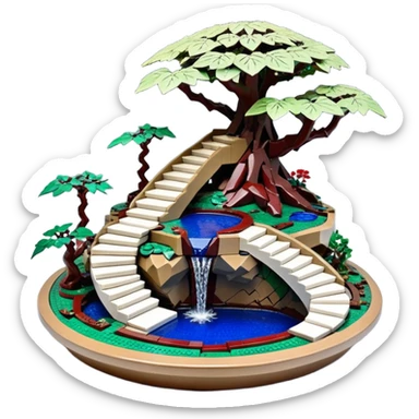 Alien saucer jungle-vines Lego stairway fountain mountain-island landscape antique mudman very old broken cracked intricate Stone Age lapis-crusted irregular dodecagon-shaped shallow dark moss rough bark blue serissa flowered maple tree bonsai pot sticker
