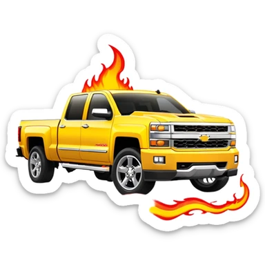 Bright yellow Chevrolet Silverado with red flame artwork exclusively on the front bumper, clean hood, exactly as in Kill Bill, 30-degree angle showcasing bumper detail, iOS emoji style sticker
