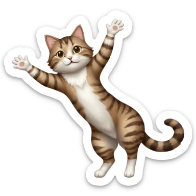 dark brown tabby and white cat with doing a big extremely long stretch reaching up into the air with arms and legs side by side together straight and overextended whilst lying on its side sticker