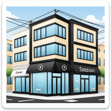 three separate beauty salon buildings spaced apart connected by lines like a network sticker