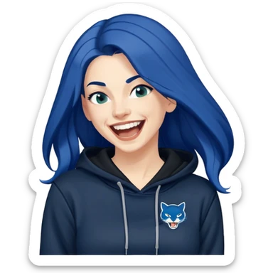 White 30 year old woman with really long dark blue hair head back laughing hysterically wearing a black hoodie with a PUMA logo sticker