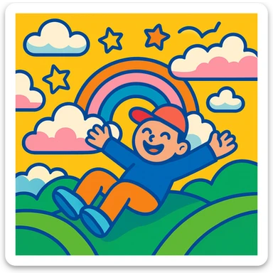 dream life as a colorful, whimsical scene with clouds, stars, and a happy character, in vibrant toon style sticker