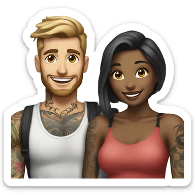 Photo Female model smiling at a very handsome tattooed man taking pictures  sticker