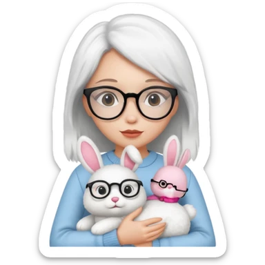 Girl with glasses → holding a toy rabbit sticker