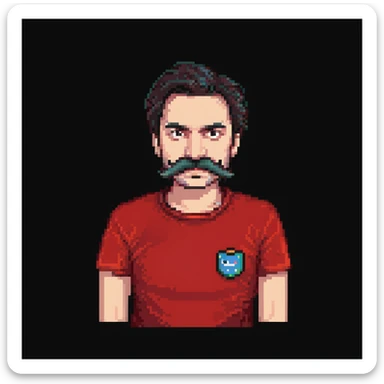 Recep İvedik character, Turkish comedy icon, recognizable mustache, bushy eyebrows, red t-shirt, expressive face, simple pixelated background, pixel art style sticker