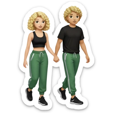 A white curly with curly blonde hair wearing a black crop top and baggy green sweatpants holding a mans hand walking sticker