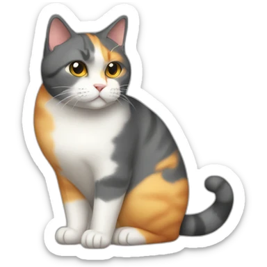 darkgray, white, and yellowish-orange cat with a fat belly sticker