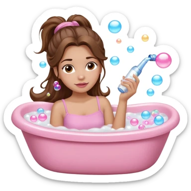 girl with wavy long ponytail brown hair, brown eyes, light to medium complexion, long lashes, light pink lipstick, wearing light pink shirt, lying full body in a white bathtub with bubbles sticker