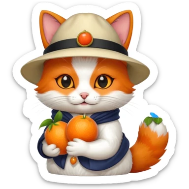 Cat wearing a hat and has a kitsune fruit in her hand sticker