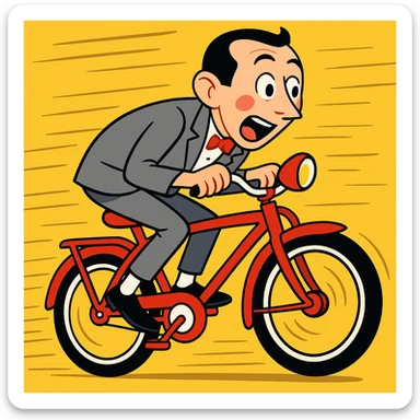 Pee-wee Herman on a red bicycle, pedaling fast, cartoon motion lines, vibrant toon style sticker