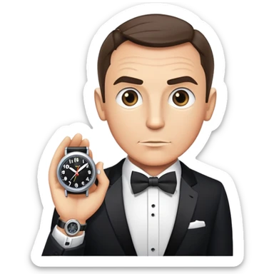 James Bond with spy gadget watch and bow tie sticker