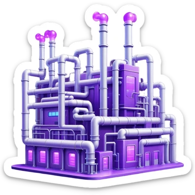 AI-powered factory. It should be a building with pipes. Add violet glowing symbolizing power of AI sticker