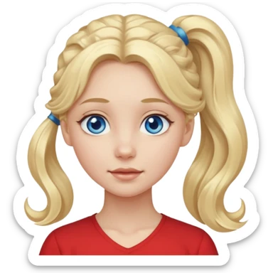 A pale girl with blue eyes and long and blonde , wavy hair in a pony tail sticker
