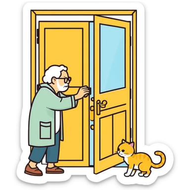  old blind man opening and closing the door four ￼his golden cat  sticker