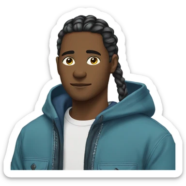 Large African man with braids and blue zip up jacket with anime shirt under jacket  sticker