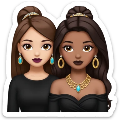 Boujy baddie best friends, trendy heavy makeup both dark hair one light skinned and one mocha brown pretty hair style both wearing black and jewelery  sticker