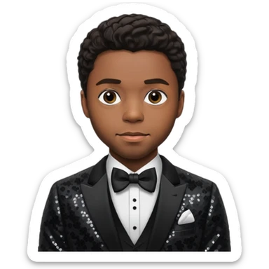  Chadwick Boseman with dark brown hair, black sequin suit with bow tie sticker