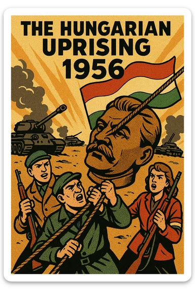 A picture of The Hungarian Uprising 1956 with the head of stalin's statue being pulled down by armed protestors with burnt out Russian tanks in the background sticker
