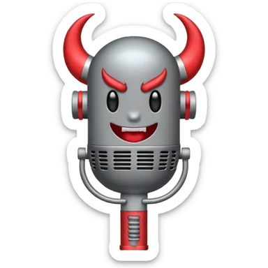 Minimalist emoji-style sticker of a classic retro microphone with small devil horns and a subtle tail wrapping the base. Grayscale with slight red accents.
 sticker