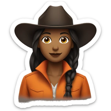 cowgirl straight dark brown hair, orange burnt coat, black hat sticker