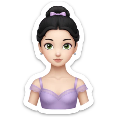 Cinematic Realistic ballerina Light Purple Portrait, depicted with lifelike skin texture, subtle rosy undertones, and soft natural lighting that enhances the gentle contours of her face. Her intricately detailed sweet black hair is elegantly styled, green eyes sticker