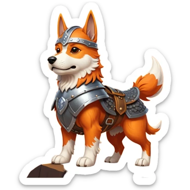 valorous Viking dog in Valhalla, detailed armor, heroic pose, glowing sky sticker