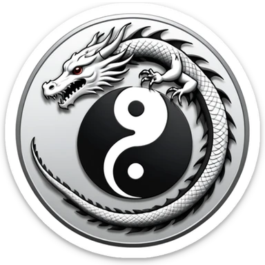 An icon symbolizing Eastern martial arts in the style of an emblem, featuring a black-and-white Yin-Yang symbol and a dragon at the center, surrounded by elements like a dojo. Transparent background highlights balance and power. sticker