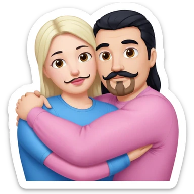Tall strong white man with brown mustache goatee wearing blue hugging a chubby short pale woman with long black hair wearing pink sticker