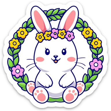 sweet bunny rabbit wearing colorful flower wreath sticker