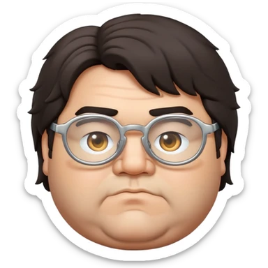 Fat man with shaggy dark hair and silver glasses sticker