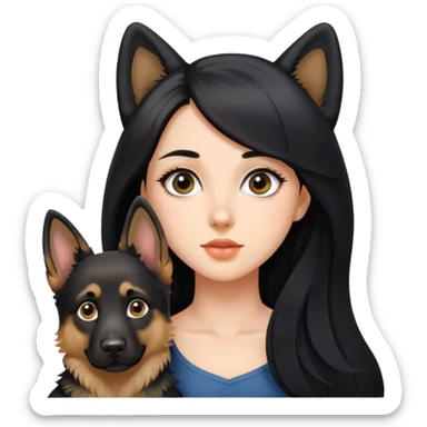 A beautiful girl with big eyes, fair skin, long black hair, and a German Shepherd dog sticker